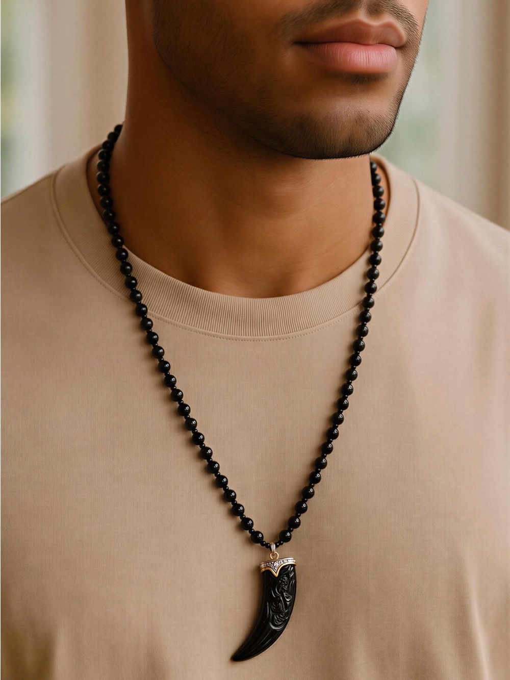 Black Beaded Horn Pendant Necklace - Men Accessories Jewelry